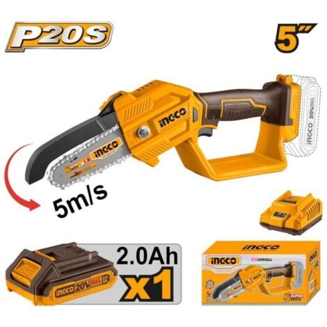 Mini Motosega a Batteria 5"/13cm INGCO + Batteria Litio 20V 2Ah + CaricaBatteria