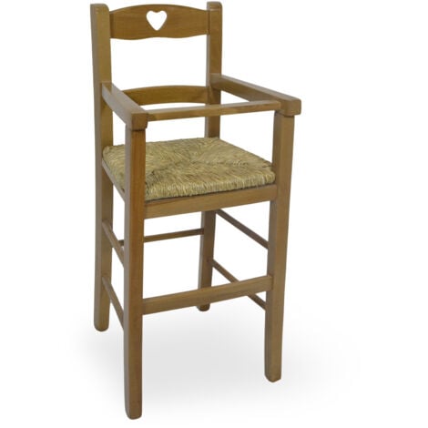 Seggiolone in legno color noce chiaro con seduta in paglia palustre per bambini