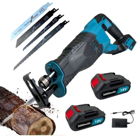 TEETOK Seghe alternative, sega elettrica senza fili da giardino 4 lame Taglio del legno Sega da potatura, luce di lavoro a LED, + 2 batterie da 3,0 AH + caricabatterie, compatibile con batteria Makita