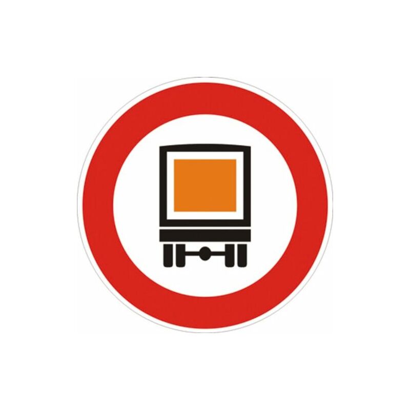 Image of Segnale in lamiera cartello stradale disco d.60 transito vietato ai veicoli che trasportano merci pericolose figura ii 63 art.117 classe 1