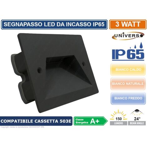 Segnapasso led a incasso 3W per cassetta scatola 503 220V applique luce esterno  Nero - 3000k