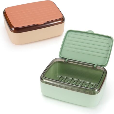 Seifenschale mit Abtropfschale und Deckel, 2 herausnehmbare Ebenen, große wasserdichte Seifenbox für Dusche, Badezimmer und Waschbecken, rosa und grün, 2er-Pack