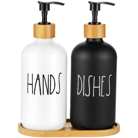 Seifenspender-Set aus Glas mit Bambusständer, 500 ml Fassungsvermögen, 2er-Set für die Küche (Schwarz, Weiß, Braun) – Elegant und rustikal