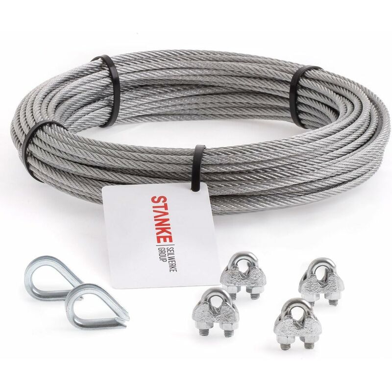 Câble d’acier galvanisé 200m diamètre 3mm 6x7, 2x Tendeur M5 Œil-Crochet, 4x Serre-câble à étrier - SET 4 - Seilwerk Stanke