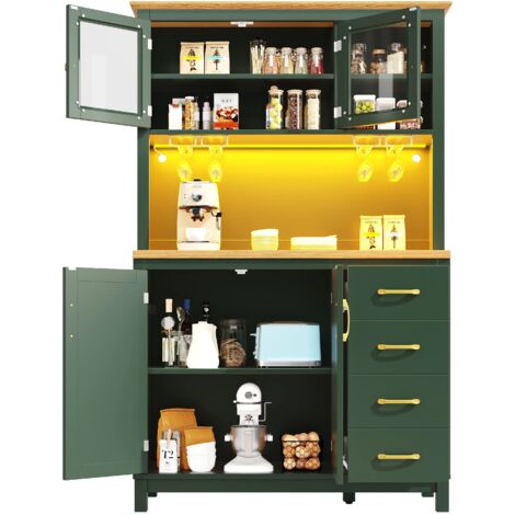 Seitenboard / Aufbewahrungsschrank / Küchenschrank / Buffetschrank, 105.5x40x180cm, Landhausstil, 4 Türen, mit LED-Lichtleiste & Getränkehaltern, Grün