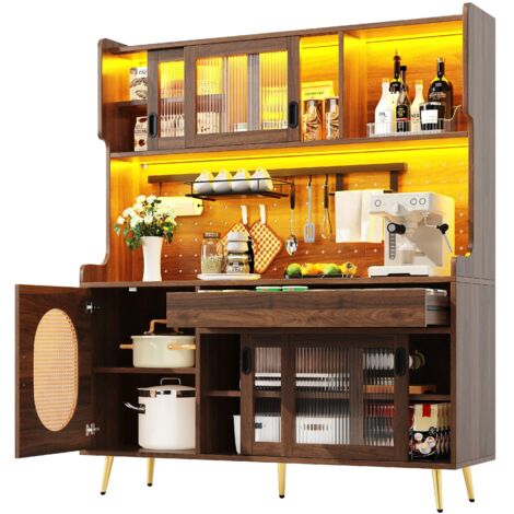 Seitenboard / Aufbewahrungsschrank / Küchenschrank / Buffetschrank, 145x39x171cm, Landhausstil, 5 Türen, mit LED-Lichtleiste & Ordnungslockplatte, Fluted Glas Türen, Braun
