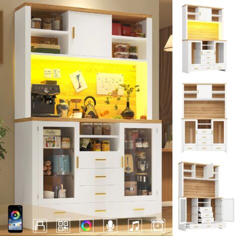Seitenboard / Aufbewahrungsschrank / Multifunktions-Küchenschrank / Buffetschrank, 120x40x188cm, Landhausstil, 4 Türen, mit LED-Lichtleiste, 6 Schubladen & 3 Türen, Weiß mit Holzoptik