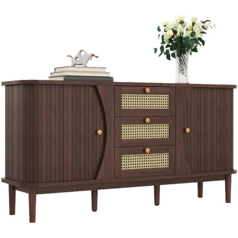 Seitenschrank, Rattan-Kommode mit Schiebetüren, verstellbaren Einlegeböden und abgerundeter Tischplatte.