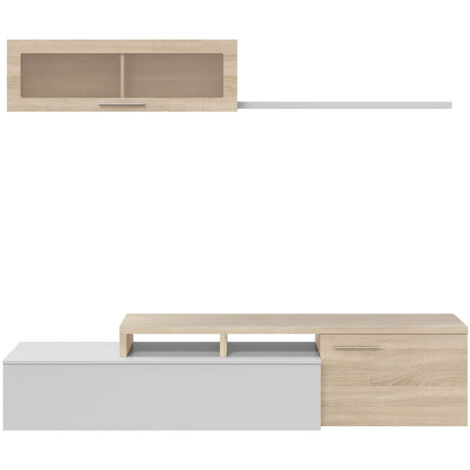 Séjour TV en panneaux de particules blanc brillant et chêne canadien - Dim : L200 x P41 x H44 cm -PEGANE-