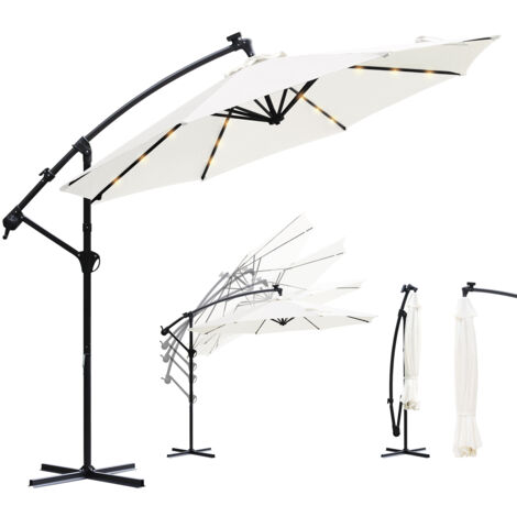 Sekey Ampelschirm 300 cm, Sonnenschirm mit LED-Beleuchtung Solar & Kurbel, Gartenschirm Kurbelschirm mit 24 Solar LED Leuchten, Sonnenschirm mit An-/Ausschalter, UV50+, Creme