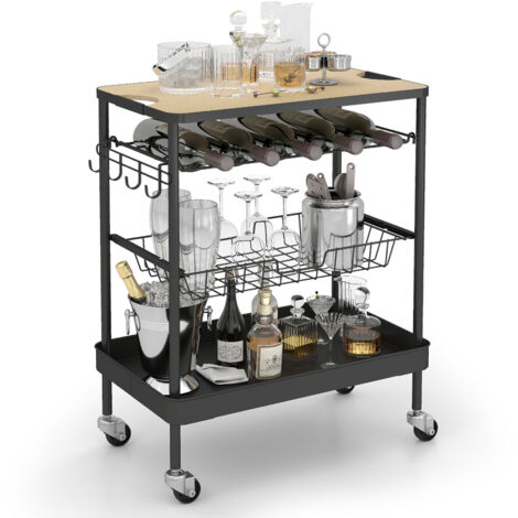 Sekey Barwagen Servierwagen mit Rollen und Arbeitsplatte, Küchenwagen mit Flaschenhalter, 36 x 59 x 75 cm