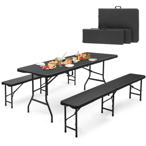 Sekey Bierzeltgarnitur Klappbar, Kunststoff Biertischgarnitur 180cm, 3-teilig Set Tisch + 2 x Bierbank mit Tragegriffe, Gartenmöbel Set für drinnen draußen, Festzeltgarnitur Rattan-Optik, Schwarz