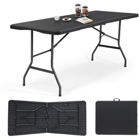 Sekey Buffettisch Klappbar Kunststoff 180 x 74 x 74 cm Rattan Optik Gartentisch mit Tragegriff Klapptisch Partytisch für Garten Terrasse und Balkon Campingtisch 6 Personen, Schwarz