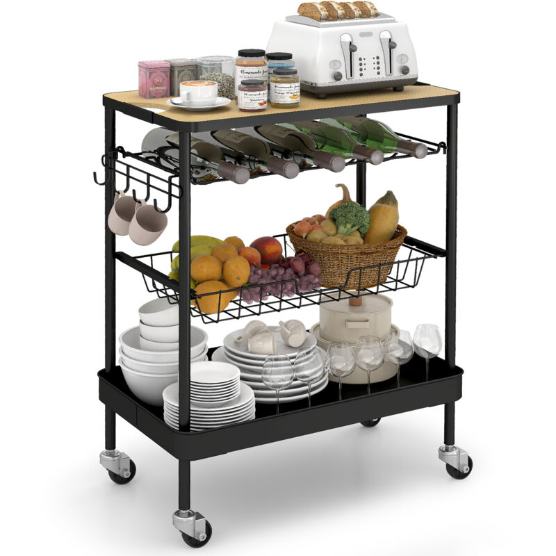 Sekey Chariot de bar à roulettes avec plateau de travail, desserte de cuisine avec porte-bouteilles, 36 x 59 x 75 cm