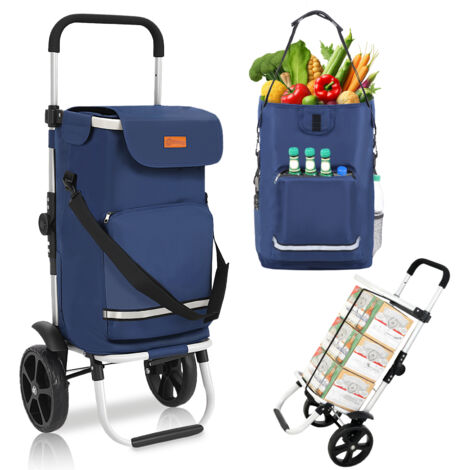 Sekey Chariot de courses 3-en-1 pliable en aluminium – sac imperméable avec compartiment isotherme – 2 roues – 42 L – charge max. 35 kg – bleu