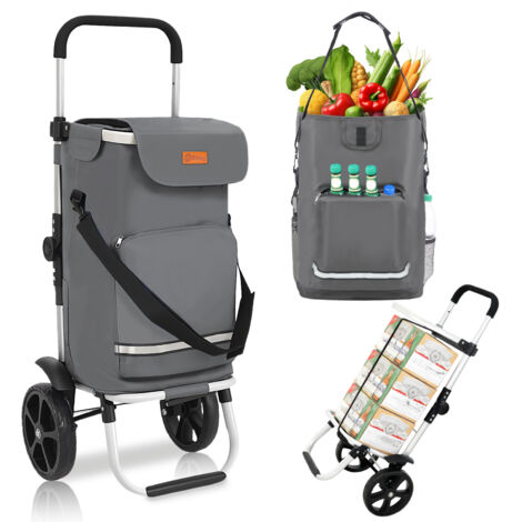Sekey Chariot de courses 3-en-1 pliable en aluminium – sac imperméable avec compartiment isotherme – 2 roues – 42 L – charge max. 35 kg – gris