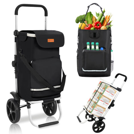 Sekey Chariot de courses 3-en-1 pliable en aluminium – sac imperméable avec compartiment isotherme – 2 roues – 42 L – charge max. 35 kg – noir