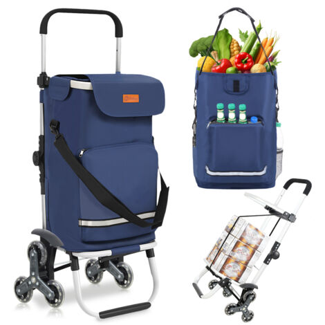 Sekey Chariot de courses pliable 3-en-1 – aluminium – sac étanche avec compartiment isotherme – 6 roues monte-escalier – bleu