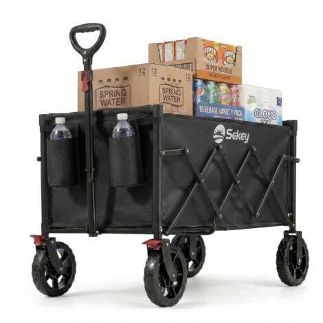 Sekey chariot pliable 120 L, chariot de transport robuste 100 kg, poignée télescopique réglable, pour jardin, courses, camping, noir