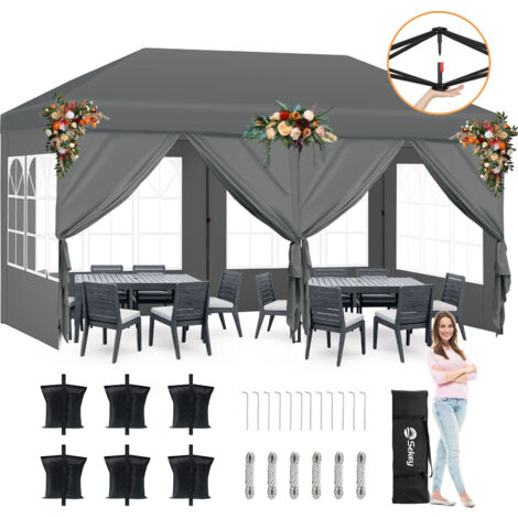 Sekey Faltpavillon 3 x 6 m Pop Up Pavillon Partyzelte Wasserdicht, UV-Schutz 50+ Festzelt mit 6 Seiten für Camping / Garten / Hochzeit, Grau