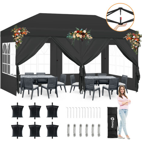 Sekey Faltpavillon 3 x 6 m Pop Up Pavillon Partyzelte Wasserdicht, UV-Schutz 50+ Festzelt mit 6 Seiten für Camping / Garten / Hochzeit, Schwarz