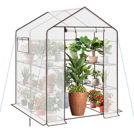 Sekey Serre de jardin blanche avec 10 étagères et porte enroulable, 143x143x195 cm