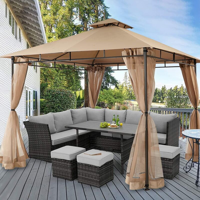Sekey - Tonnelle de Jardin Exterieur 3x3m, avec 4 Moustiquaires, Tente de Jardin à Double Toit Respirante 160g/㎡ Polyester, Taupe
