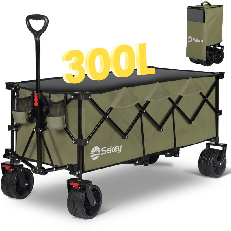 Chariot de jardin transport à roulettes pliable courses 4 roues,Vert Olive 300L