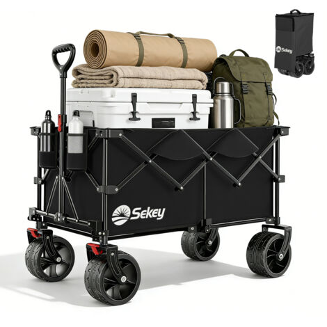 Sekey XXL Plus Faltbarer Bollerwagen Breite Reifen Handwagen Faltbollerwagen – 200 L Volumen, bis 200 kg belastbar, All-Terrain-Räder, Schwarz