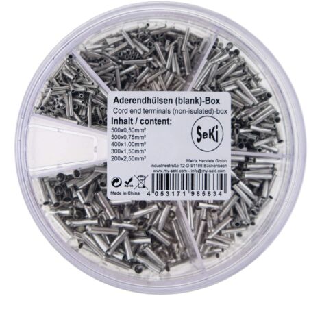 SeKi 313614 Assortimento di manicotti terminali non isolati, 0,5 – 2,5 mm², Grigio, (500x 0,50mm², 500x 0,75mm², 400x 1,00mm², 300x 1,50mm2, 200x 2,50mm²)