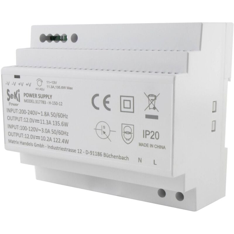 Image of SeKi Alimentatore per guida DIN H-150-12 – 12 V – 11,3 A – 135 W DIN Rail – alimentatore di rete/trasformatore