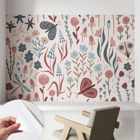 Selbstklebend Tapete - abwaschbar - Arbeitszimmer - Esszimmer- Top Qualität Blumen und Insekten 104x70 cm