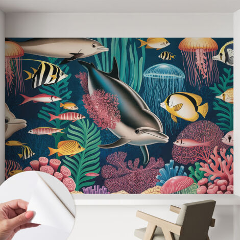 Selbstklebend Tapete - abwaschbar - Arbeitszimmer - Esszimmer- Top Qualität Unterwasserfauna 152x104 cm