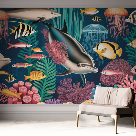 Selbstklebend Tapete - abwaschbar - Arbeitszimmer - Esszimmer- Top Qualität Unterwasserfauna 312x219 cm