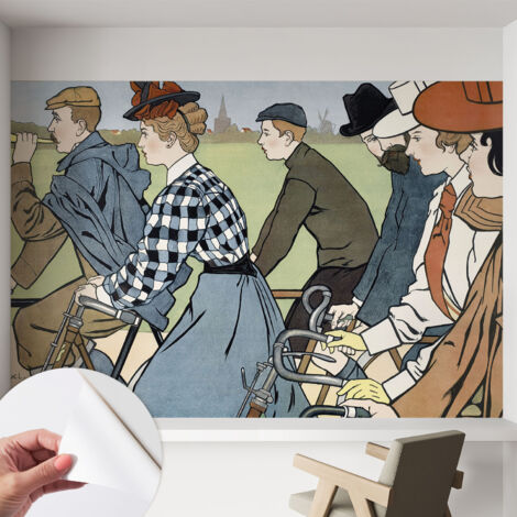 Selbstklebend Tapete - abwaschbar - Arbeitszimmer - Esszimmer- Top Qualität Vintage-Radfahrer 152x104 cm