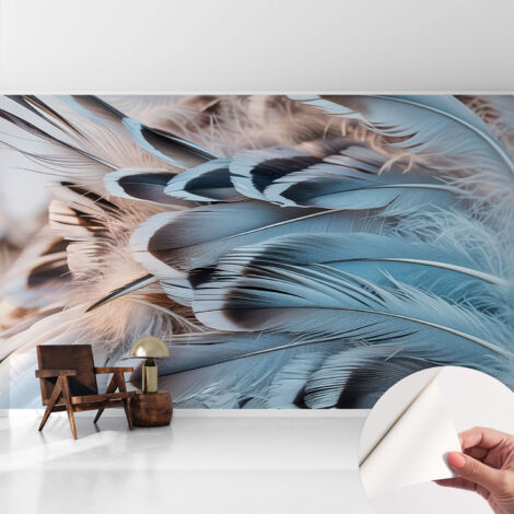 Selbstklebend Tapete - abwaschbar - Raumgestaltung  Schlafzimmer Wohnzimmer Tapete Blaue Federn 416x254 cm