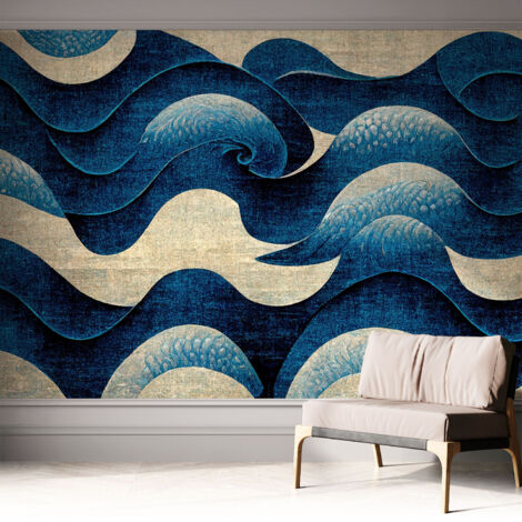 Selbstklebend Tapete - abwaschbar - Raumgestaltung  Schlafzimmer Wohnzimmer Tapete Blaue Wellen 312x219 cm