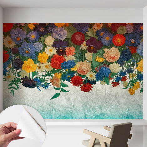 Selbstklebend Tapete - abwaschbar - Raumgestaltung  Schlafzimmer Wohnzimmer Tapete Bunte Blumen 152x104 cm