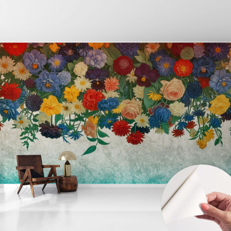 Selbstklebend Tapete - abwaschbar - Raumgestaltung  Schlafzimmer Wohnzimmer Tapete Bunte Blumen 416x254 cm