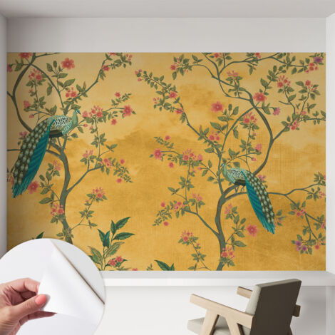Selbstklebend Tapete - abwaschbar - Raumgestaltung  Schlafzimmer Wohnzimmer Tapete Pfauenbäume 152x104 cm