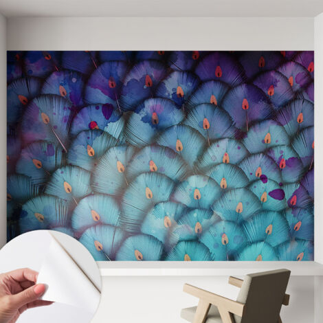 Selbstklebend Tapete modern - Wanddeko für Küche - Klebefolie Wand - luxus Look Bunte Federn 152x104 cm