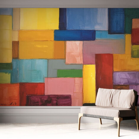 Selbstklebend Tapete modern - Wanddeko für Küche - Klebefolie Wand - luxus Look Bunte Rechtecke 312x219 cm