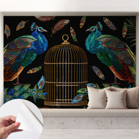 Selbstklebend Tapete modern - Wanddeko für Küche - Klebefolie Wand - luxus Look Pfau-Motiv 208x146 cm
