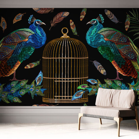Selbstklebend Tapete modern - Wanddeko für Küche - Klebefolie Wand - luxus Look Pfau-Motiv 312x219 cm