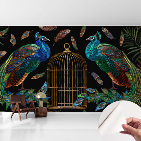 Selbstklebend Tapete modern - Wanddeko für Küche - Klebefolie Wand - luxus Look Pfau-Motiv 416x254 cm