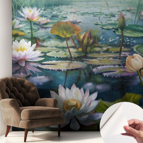 Selbstklebend Tapete modern Wohnzimmer - Wanddekoration - einfach anzubringen Blumen am Teich 250x250 cm