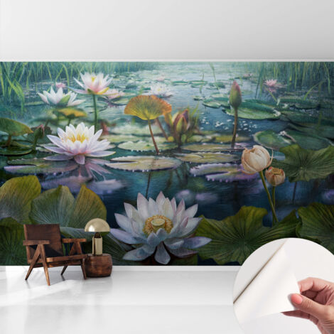 Selbstklebend Tapete modern Wohnzimmer - Wanddekoration - einfach anzubringen Blumen am Teich 416x254 cm