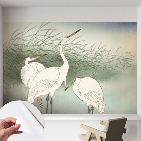 Selbstklebend Tapete modern Wohnzimmer - Wanddekoration - einfach anzubringen Reiher im Gras 152x104 cm