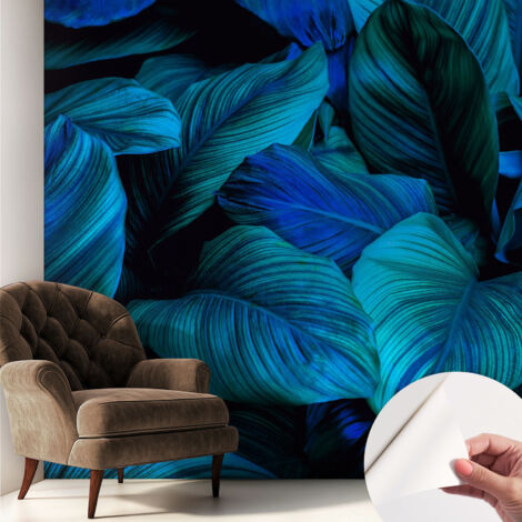 Selbstklebend Tapete - Wandgestaltung - Tapete Wohnzimmer - Flur Eingangsbereich Blaue Blätter 250x250 cm