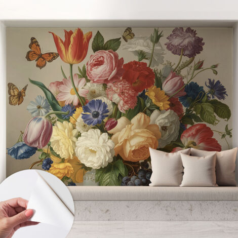 Selbstklebend Tapete - Wandgestaltung - Tapete Wohnzimmer - Flur Eingangsbereich Blumen und Schmetterlinge 208x146 cm